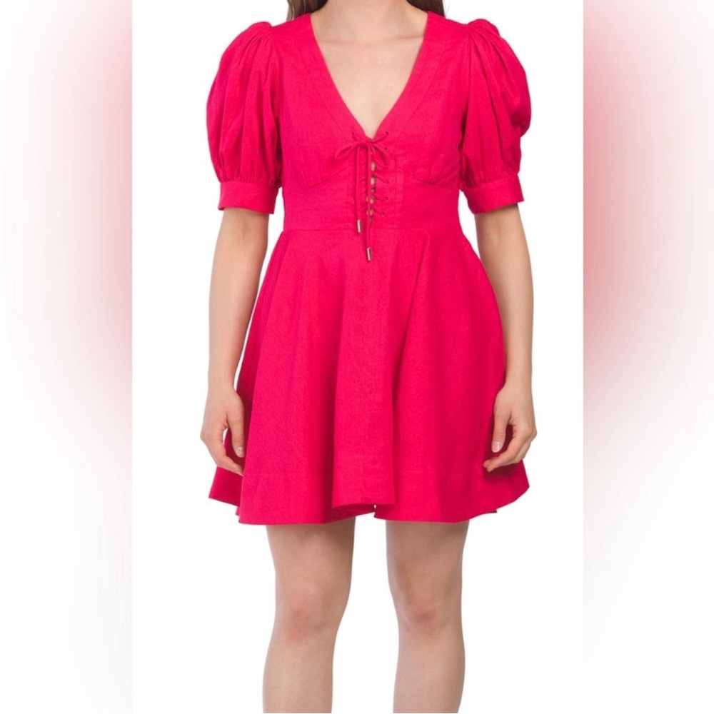 NWT House Of Harlow 1960 Bright Pink Front Tie Peasant Style Mini Dress Size 0